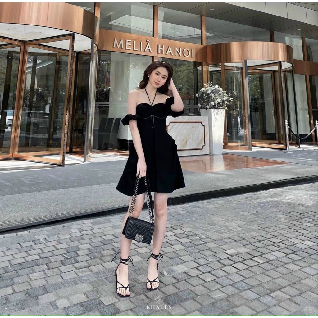 Đầm nữ thời trang mặc đi chơi chất đũi dây cột cổ tay búp trễ vai váy xoè phong cách
