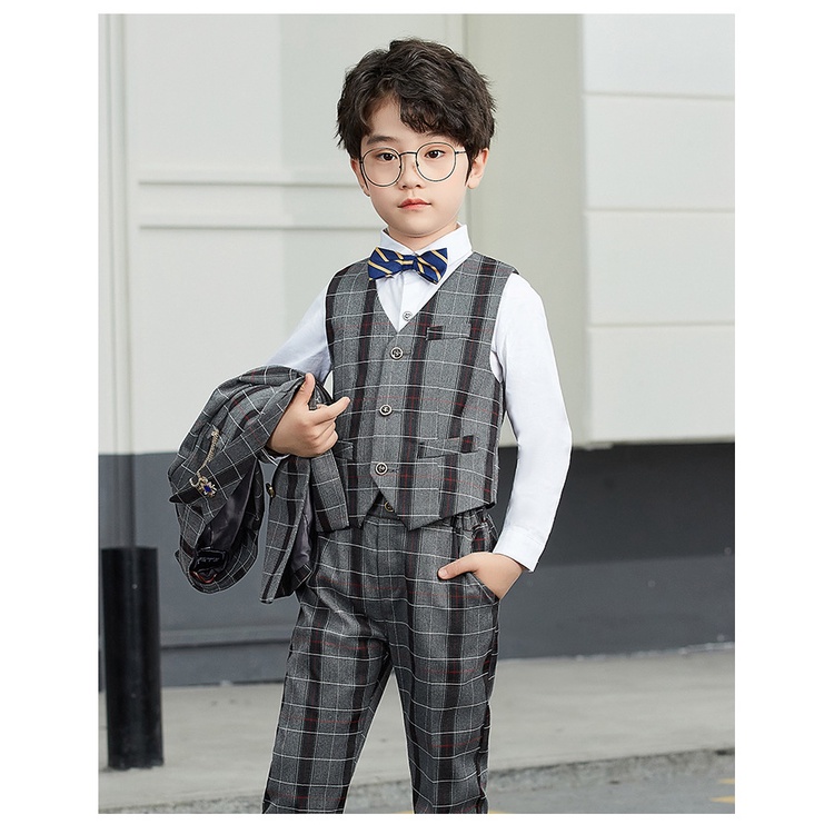 Bộ vest bé trai cao cấp kẻ xám cho bé đi dự tiệc TQB057 gồm 3 chi tiết (áo ghile + áo vest + quần tây) tặng kèm nơ