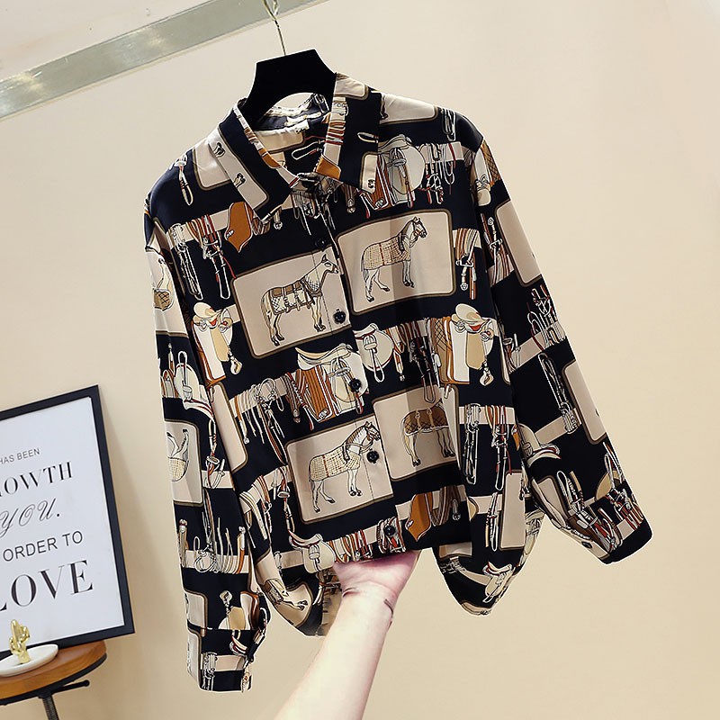 Áo sơ mi tay dài dáng rộng hoạ tiết in phong cách vintage cho nữ