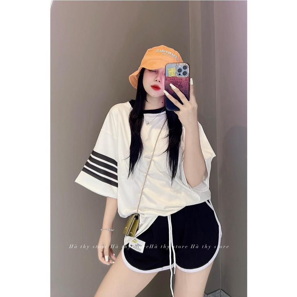 Set đồ bộ nữ thể thao chất thun gân co dãn họa tiết sọc ở tay trẻ trung năng động