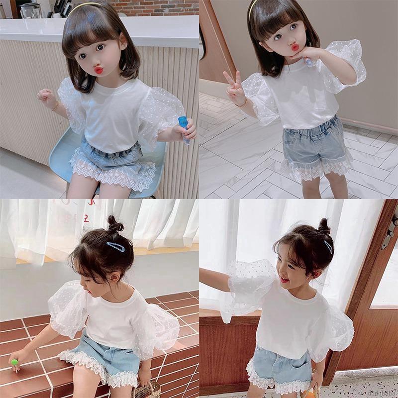 Set Áo Kiểu Tay Phồng Phối Ren Và Quần Short Denim Cho Bé Gái