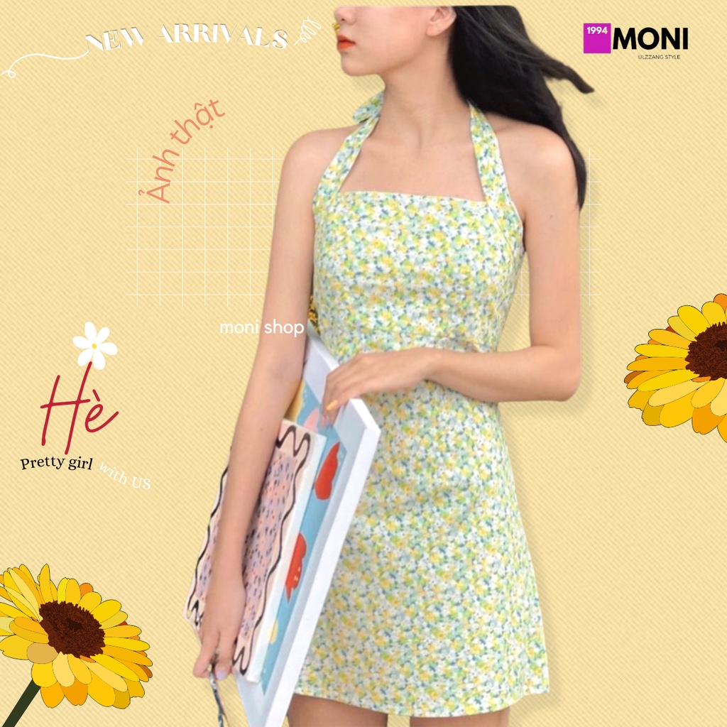 Set váy hoa nhí cổ yếm 𝒄𝒐́ 𝒎𝒖́𝒕 kèm áo khoác cardigan trắng