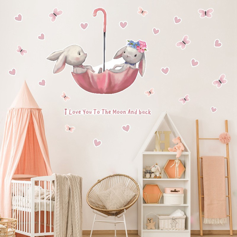 Sticker Dán Tường Họa Tiết Thỏ Cây Dù Hoạt Hình Dùng Trang Trí Phòng Cho Trẻ Nhỏ