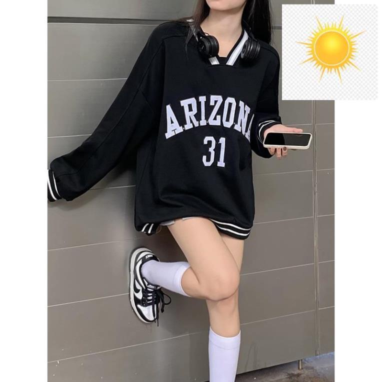 Áo sweater bóng chày nữ Arizona viền cổ xéo phong cách Mỹ retro thu đông