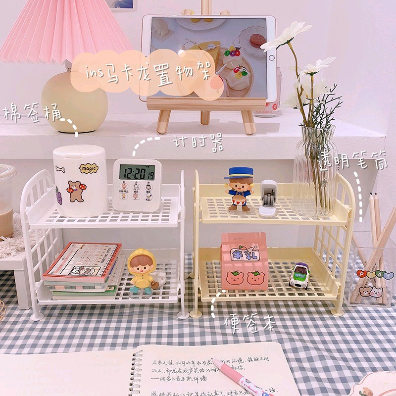 Kệ giá nhựa mini 2 tầng đựng đồ đa năng họa tiết ô vuông 7 màu ♥️ URI DECOR ♥️