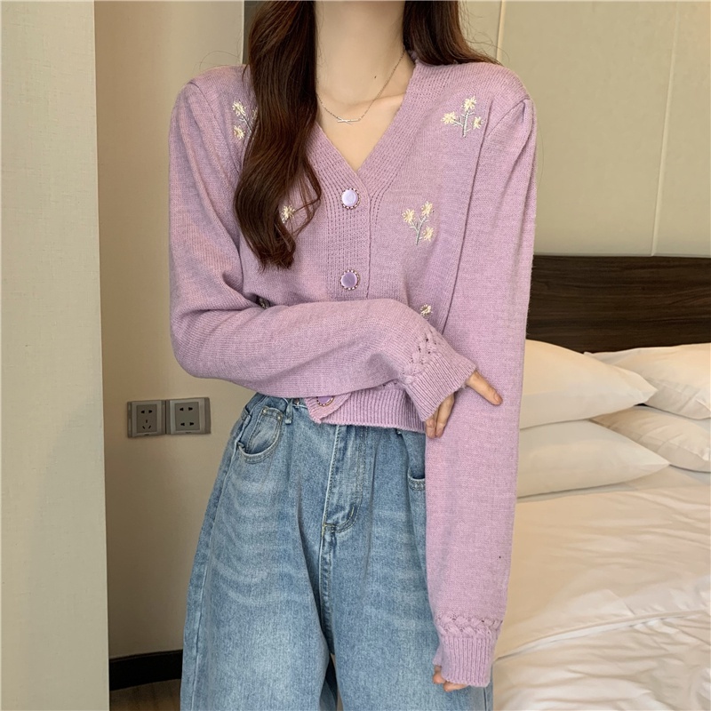 Áo Sweater Tay Dài Thêu Họa Tiết Xinh Xắn Phong Cách Hàn Quốc