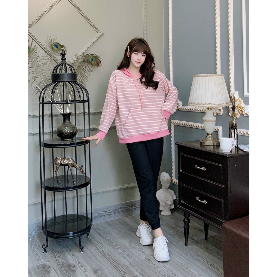 Bộ đồ bầu dài tay có mũ kẻ ngang M602 chất da cá cao cấp Mom and Baby