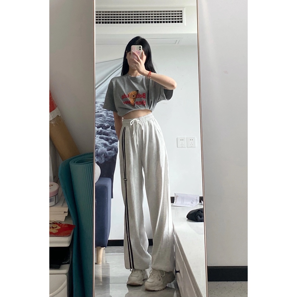 Quần Thể Thao Lưng Cao Ống Rộng Họa Tiết Kẻ Sọc Size S-4XL Phong Cách Hong Kong Cho Nữ