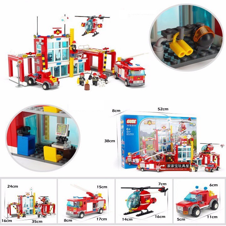 Bộ lego xếp hình&nbsp;Trạm cứu hỏa - 874 chi tiết Gudi 9217