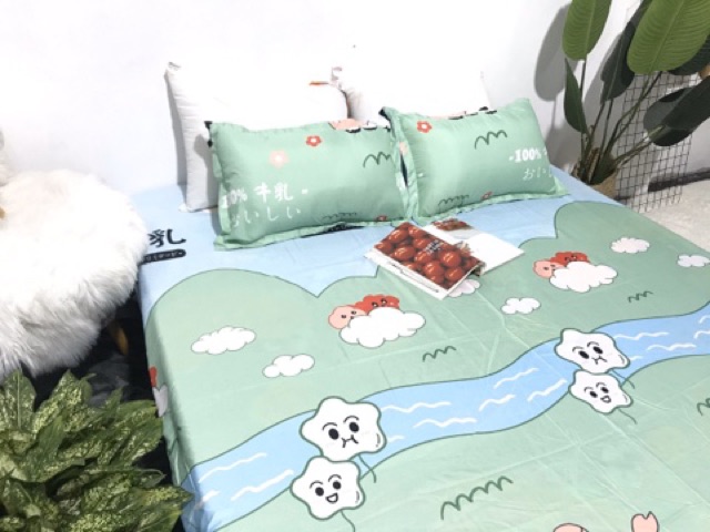 Bộ Ga Gối Cotton Poly Bò Xanh