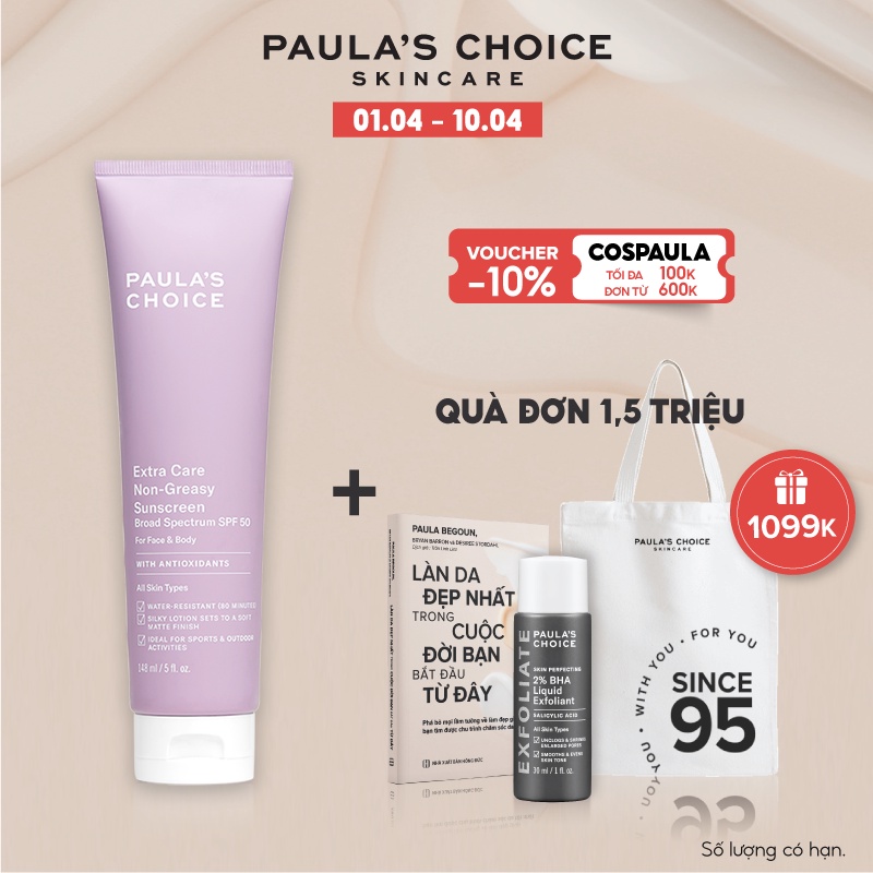 Kem chống nắng cơ thể chống thấm nước đến 8h Paula’s Choice Extra Care Non Greasy Sunscreen SPF 50 148ml 2320