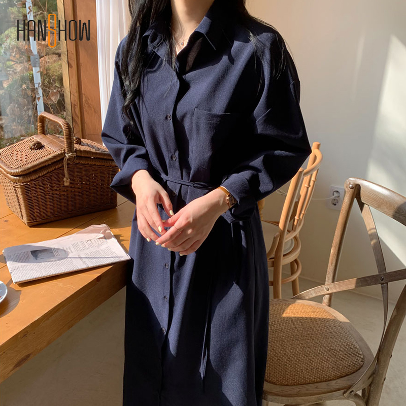 Đầm sơ mi nữ tay dài buộc eo phong cách Hàn Quốc
