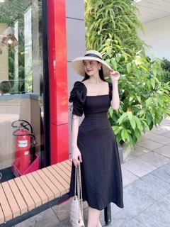 ( Kèm ảnh và video chính chủ) - ĐẦM MIDI CỔ VUÔNG TAY RÚT