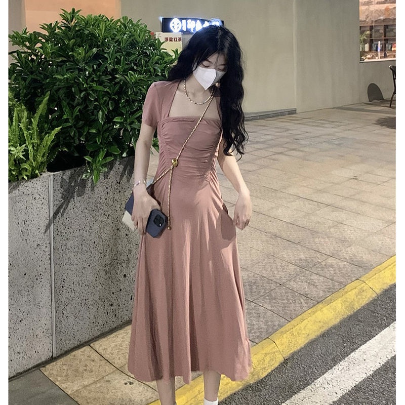 COZOKC Đầm Tay Ngắn Cổ Vuông Xếp Ly Chiết Eo Thời Trang Trẻ Trung