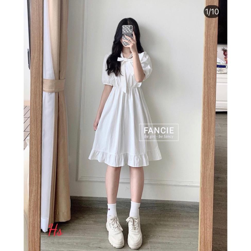 💃 Đầm Nữ Vai Bèo Cộc Tay Buộc Nơ. HANN's Closet.  Váy Trắng Chất Đũi Dáng Xòe Xinh Xinh Yêu Yêu