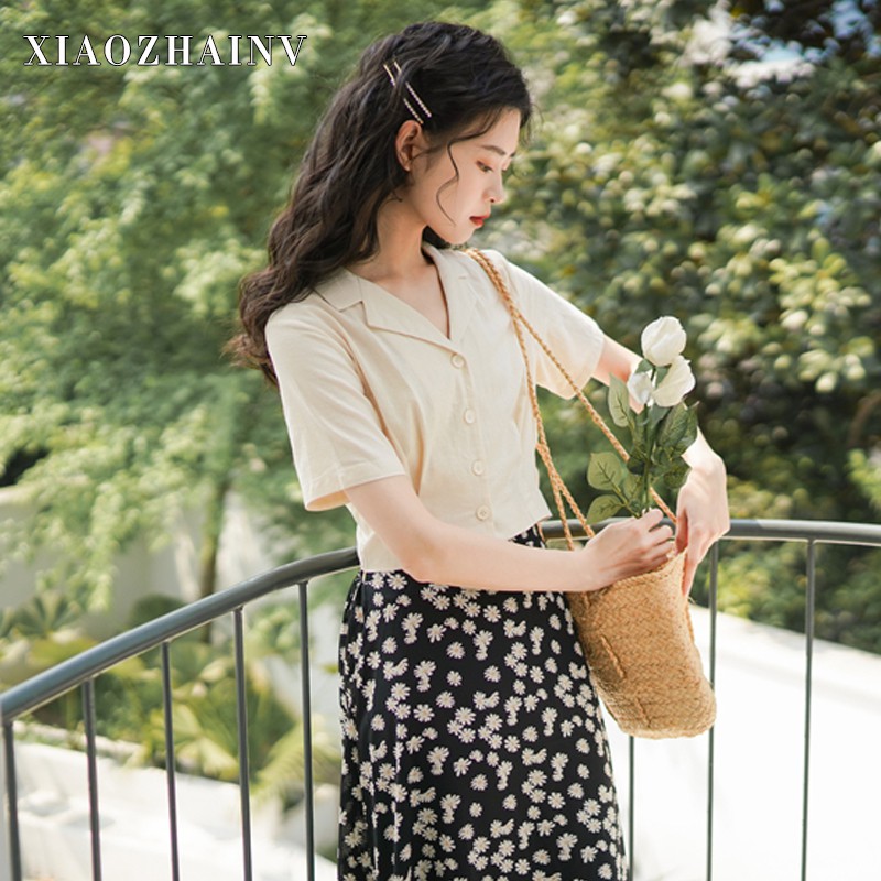 Xiaozhainv Áo Sơ Mi Chiffon Tay Ngắn Phong Cách Hàn Quốc