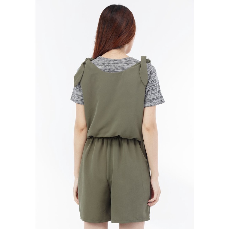 [Mã BMLTA50 giảm 50K đơn 150K] Jumpsuit, Ngắn Tay, Cách Điệu Nhún Eo, Hai Dây Thắt Nơ, Màu Nâu - Lovadova 17O07C007