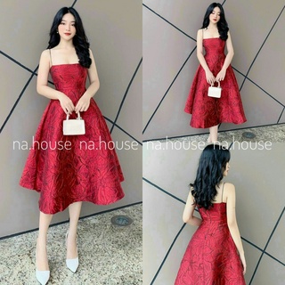 Đầm gấm đi tiệc đi chơi nahouse váy xòe hai dây thiết kế xinh xắn và sang trọng