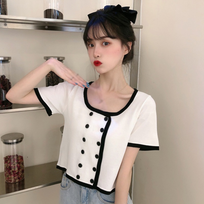 Áo Cardigan Dệt Kim Tay Ngắn Cổ Tròn Màu Sắc Thời Trang Cho Nữ