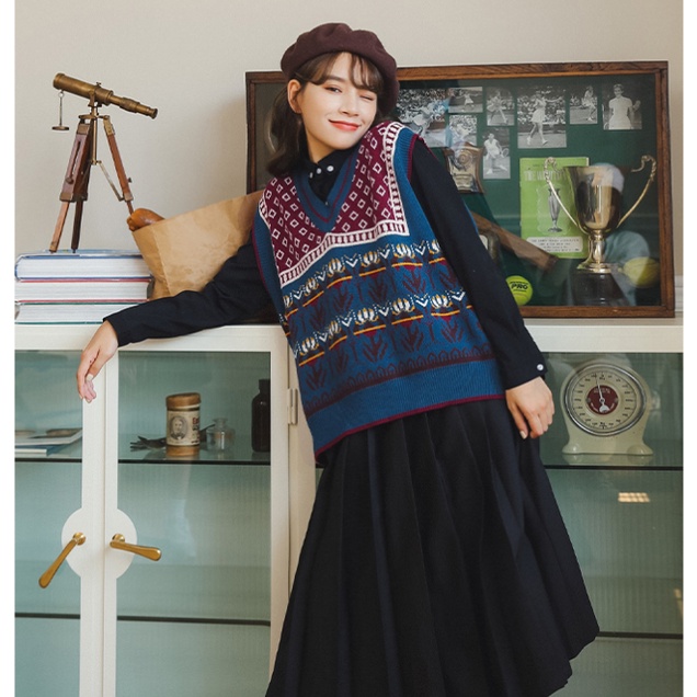 Áo khoác nữ không tay có nón phong cách retro Nhật Bản mới