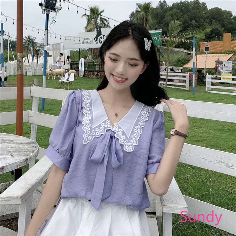 Áo Kiểu Chất Chiffon Tay Phồng Phối Ren Hoa Thiết Kế Ngọt Ngào Thời Trang Mùa Hè