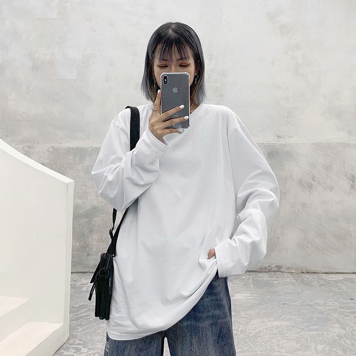 Áo thun dài tay  NELLY cotton 100% dáng unisex màu đen trắng trơn nam nữ form rộng