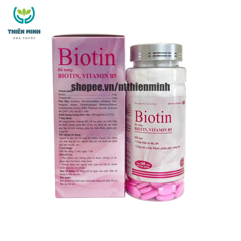 Viên uống BIOTIN bổ sung biotin+vitamin B5 giúp giảm rụng tóc, bảo vệ da, chắc móng – Hộp 60 viên