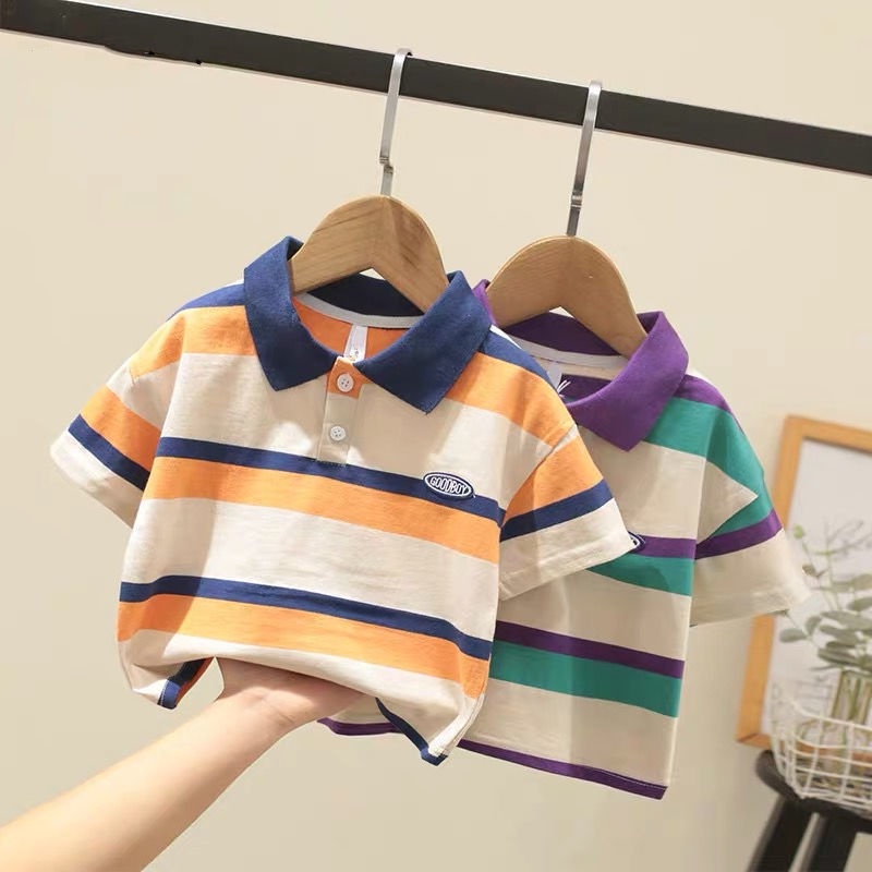 Áo Thun polo Ngắn Tay Họa Tiết Sọc Ngang Dễ Thương Cho Bé Trai