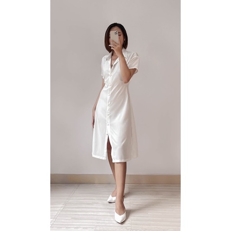 Đầm sơ mi trắng GUINE SHIRT DRESS  dài thắt dây, Đầm suông trắng