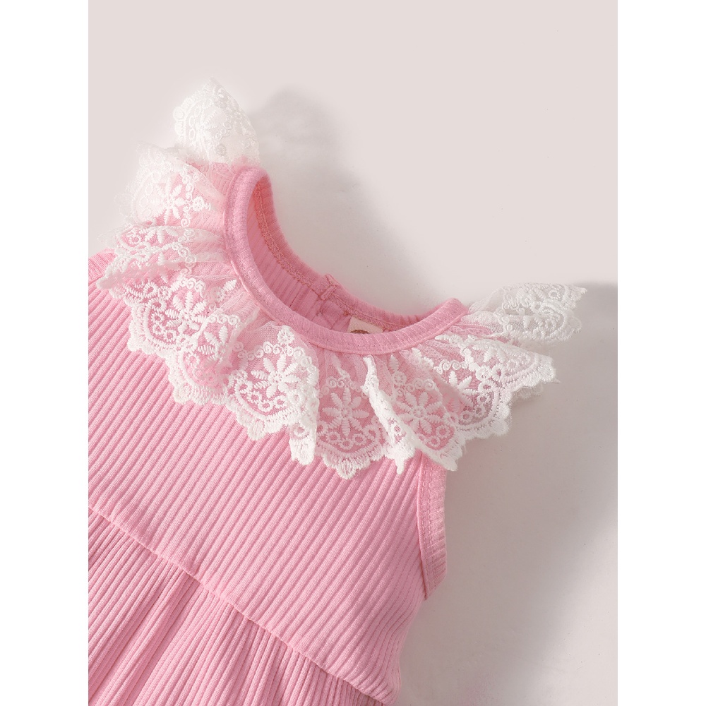 Áo liền quần MIKRDOO cổ Peter Pan phối ren màu hồng thời trang mùa hè cho bé gái 0-24 tháng tuổi