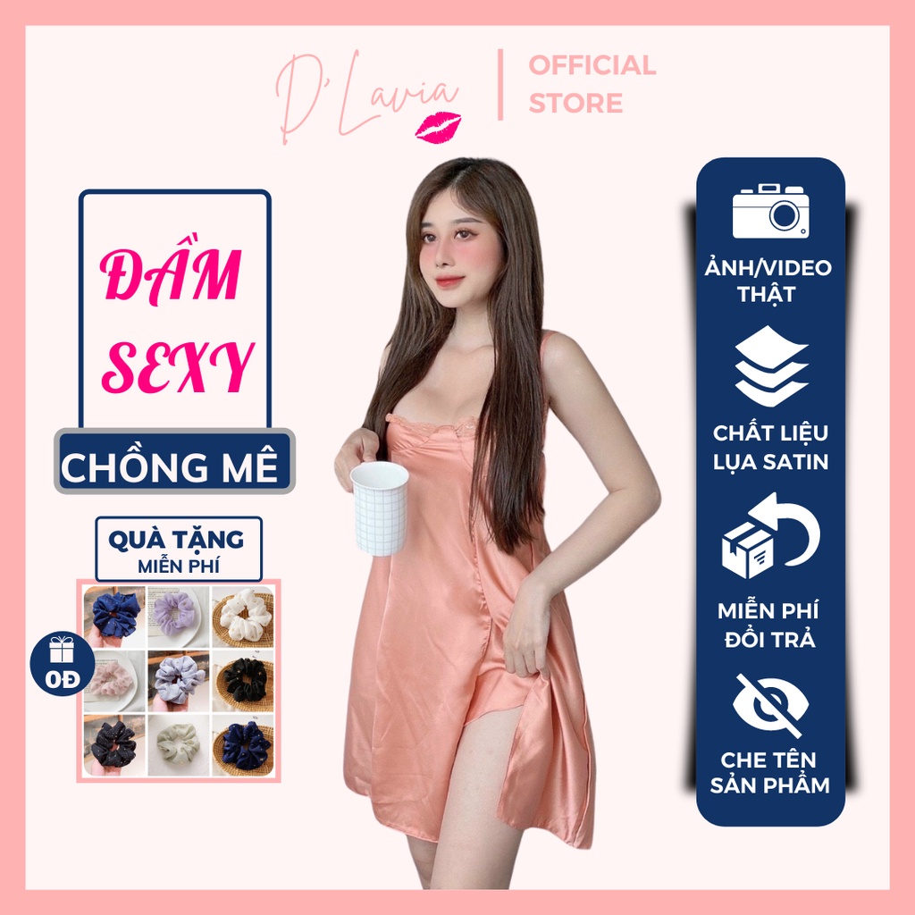 Đầm ngủ nữ ren sexy hở lưng quyến rũ gợi cảm satin cao cấp mềm mịn thoáng mát AN17 - D'Lavia