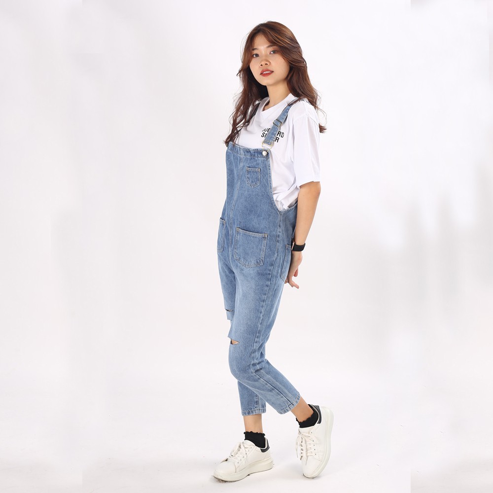 Quần yếm jean dài Nữ ống rộng ulzzang phối túi nắp cực xinh phong cách Hàn Quốc YN01