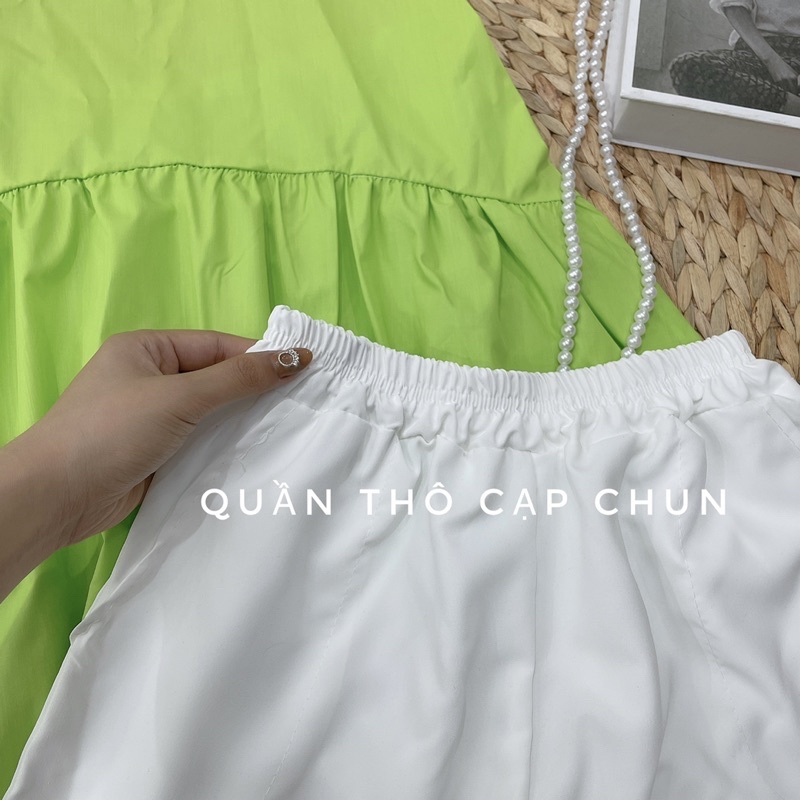 Set áo cổ yếm babydoll màu xanh neon mix quần sooc trắng