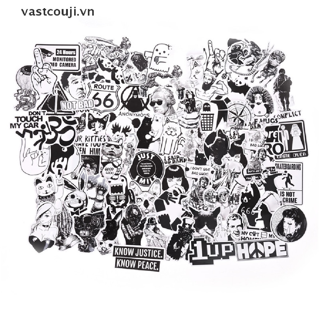 Set 100 Sticker Màu Trắng Đen Trang Trí Ván Trượt / Laptop / Vali Chất Liệu PVC