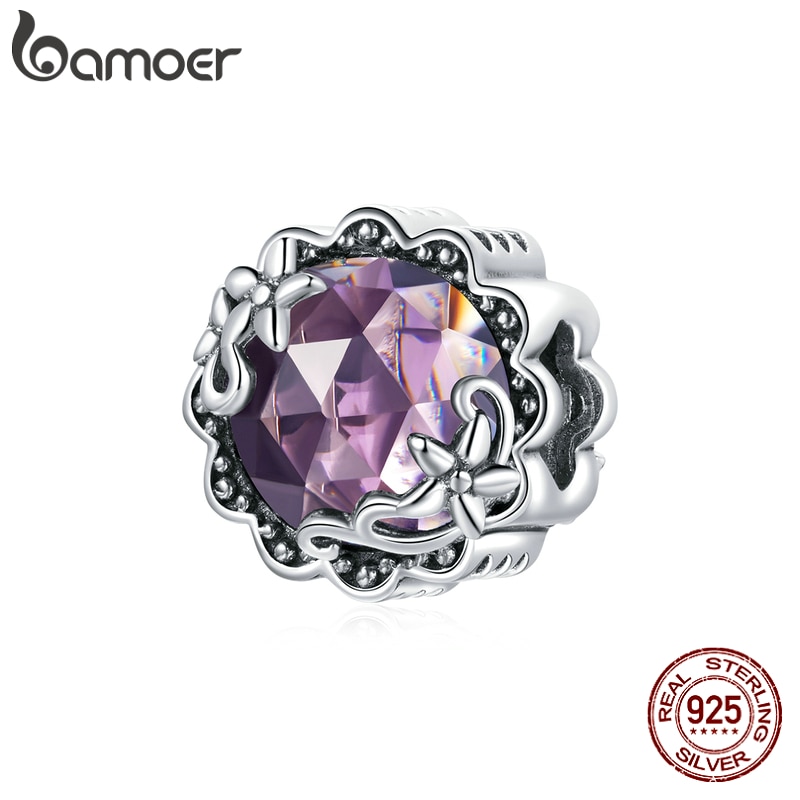 Hạt Trang Sức Bamoer SCC1796 Bạc Sterling 925 Đính Đá Hình Hoa Màu Tím Sang Trọng