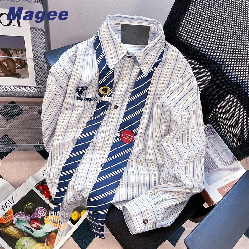 Magee Áo Sơ Mi Nam Dài Tay Dáng Rộng Phong Cách retro Mỹ
