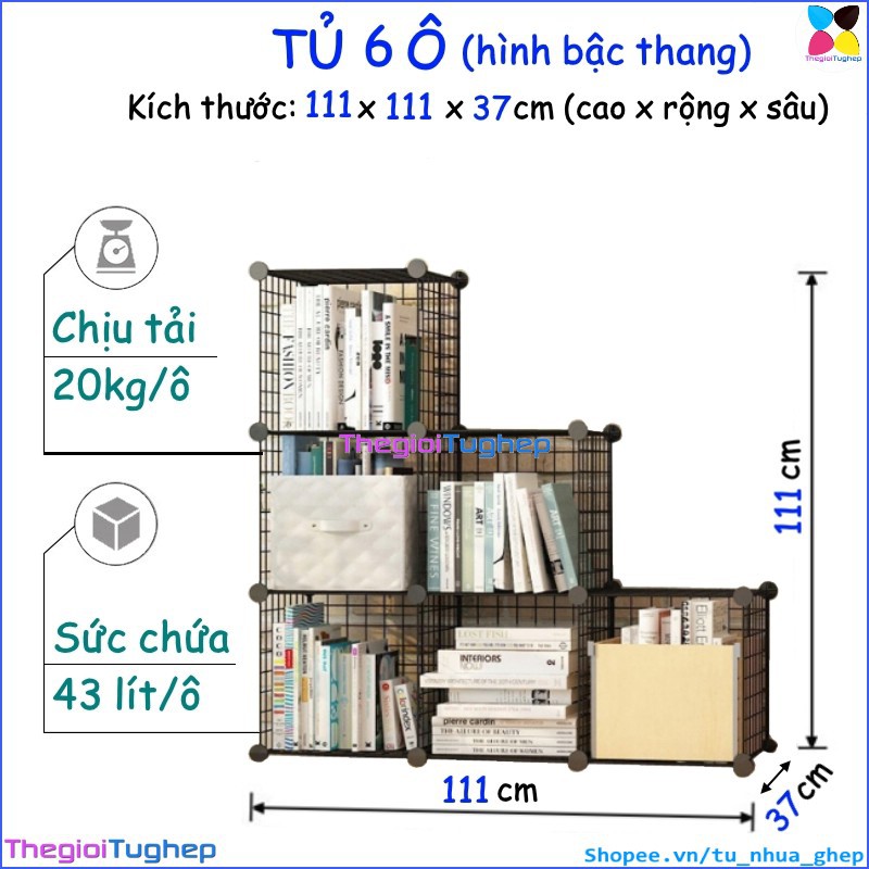 Tủ lưới sắt lắp ghép đa năng hiện đại để sách, đồ dùng trang trí phòng làm việc 6 ô lắp hình bậc thang