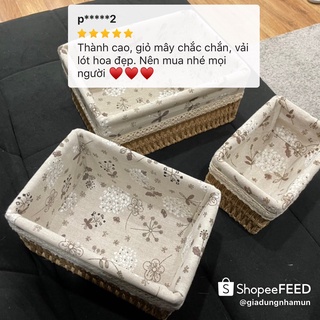 Giỏ mây lót vải vintage hình chữ nhật vintage, giỏ đi picnic, để bàn decor góc làm việc