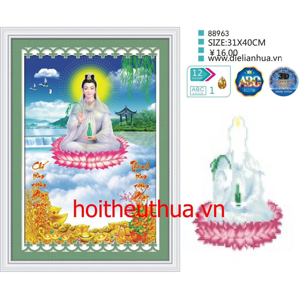 Tranh thêu chữ thập 3D Phật Quan Âm. Kích thước: 31x40cm