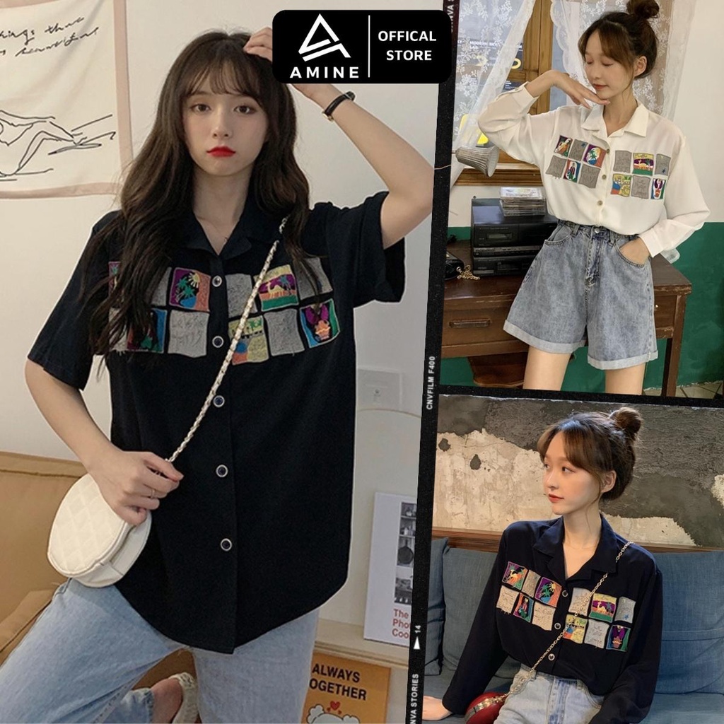 Áo sơ mi nữ đẹp, Sơ mi tay ngắn Free size thêu hình phong cách Hàn Quốc M01