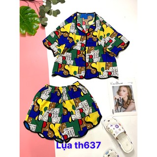 Bộ Pijama Lụa Th637 đùi tay ngắn viền lượn sóng mềm mát cao cấp
