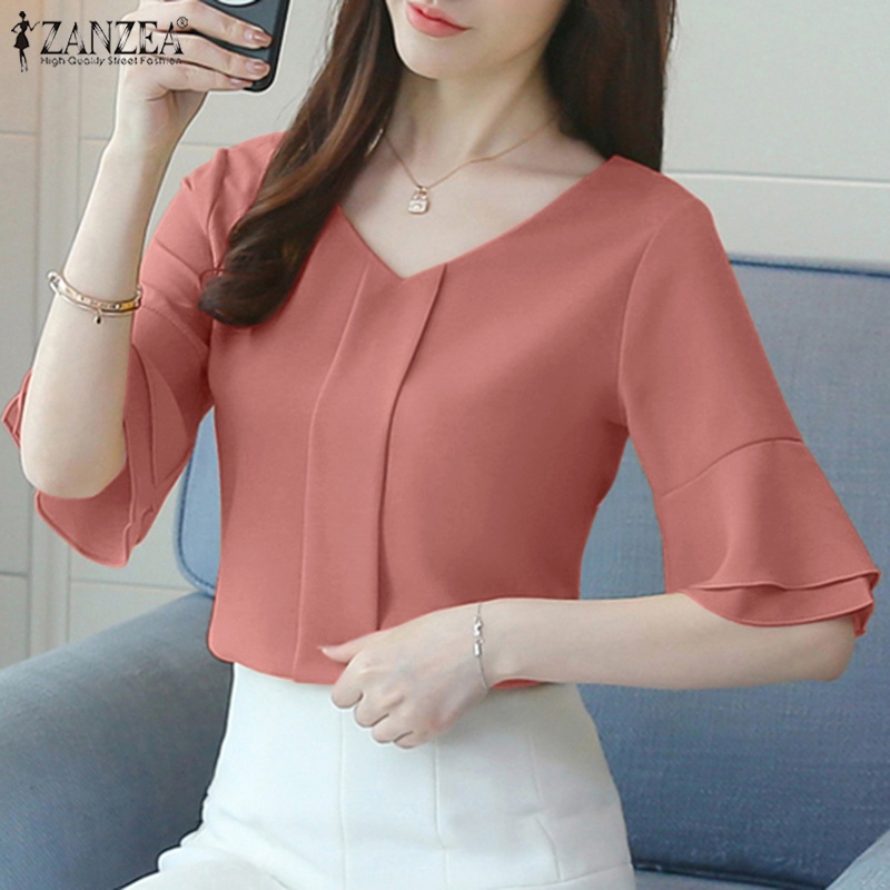 Áo voan ZANZEA tay lửng loe cổ chữ V thời trang cho nữ