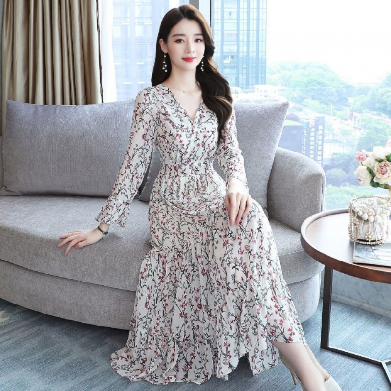 Đầm Voan Tay Dài Cổ Chữ v Phối Bèo Lá Sen Phong Cách Hàn Quốc Thời Trang Cho Nữ