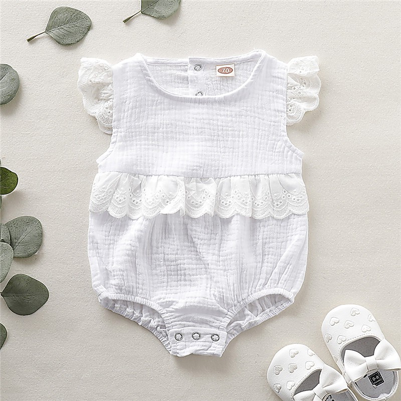 Mikrdoo Áo liền quần tay bèo phối ren cho bé gái sơ sinh bodysuit cho bé