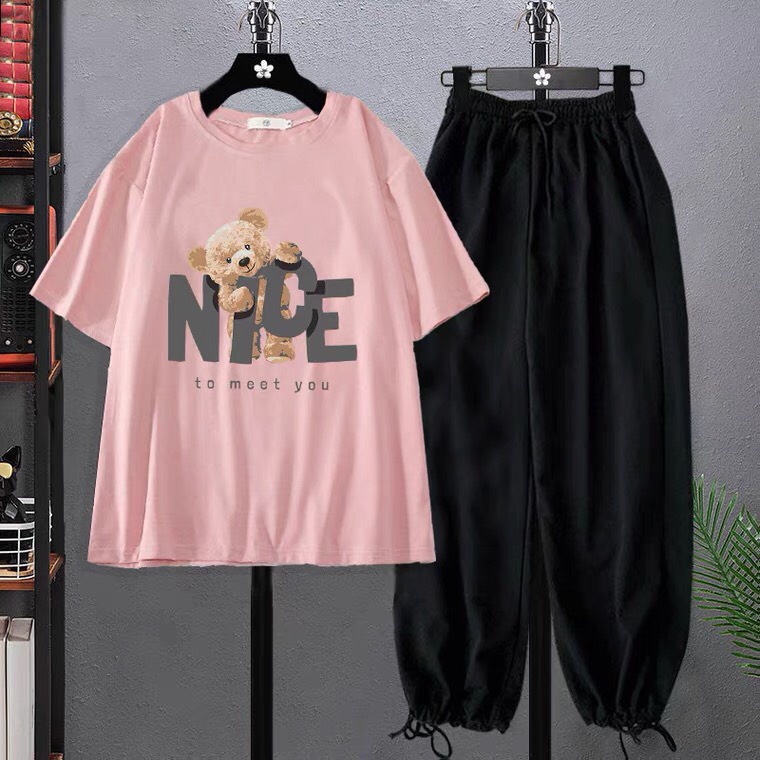 Sét Áo phông Gấu nice +quần bom chun, Áo thun from rộng, Chất đẹp không xù, quần suông ống rộng, Sét bộ mặc ở nhà - MODY