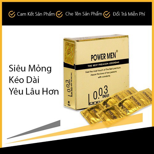 Bao Cao Su Siêu MỏngPowermen 0.03 Điệp Viên Tàng Hình Kéo Dài Thời Gian Hộp 03 Chiếc