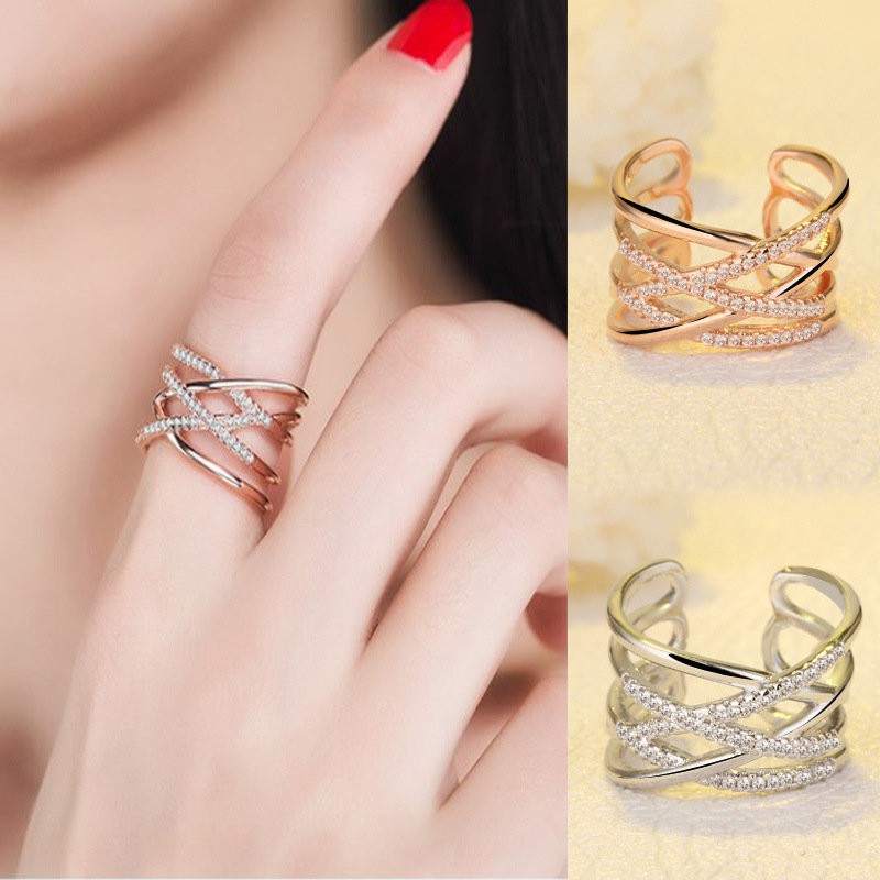 Nhẫn hở màu vàng hồng đính kim cương giả chống thấm nước chống mồ hôi phong cách Âu Mỹ