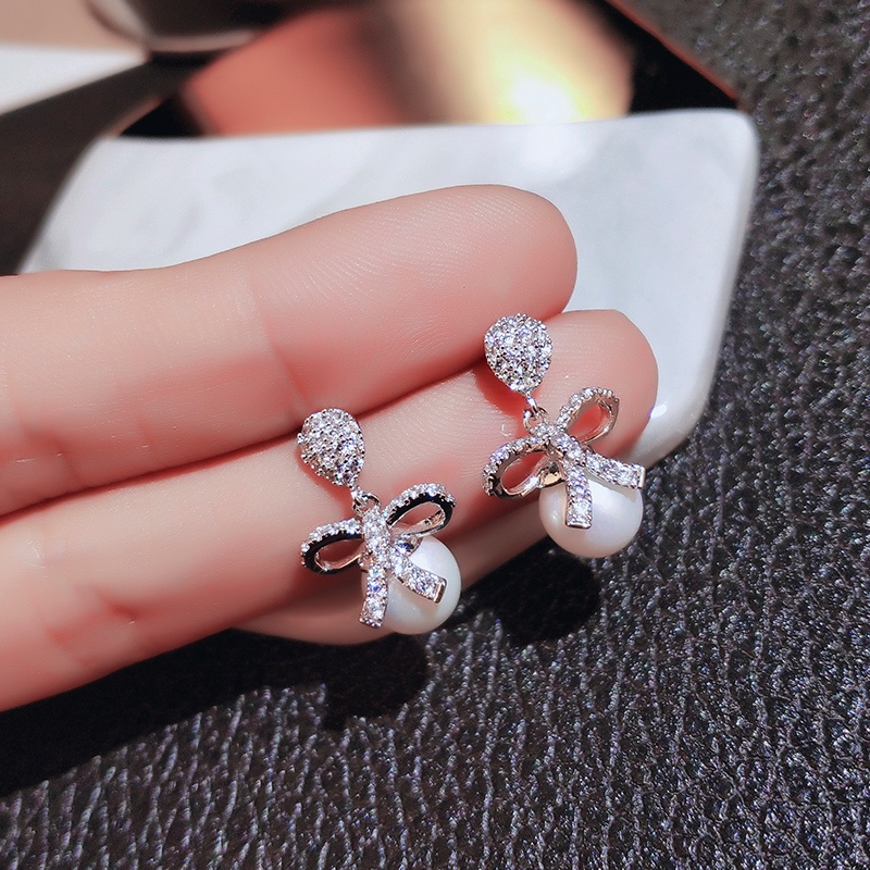 Khuyên tai bạc JIUDUOLAN đính nơ ruy băng kim cương nhân tạo thanh lịch thời trang cho nữ
