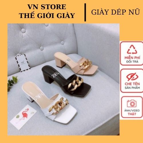 Guốc nữ gót vuông 5P quai ngang phối xích ..