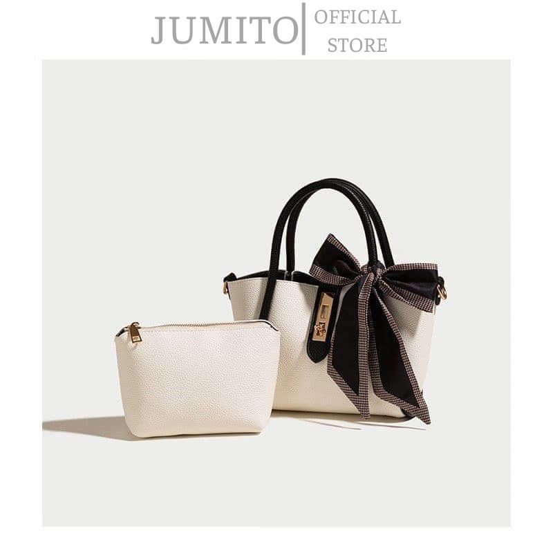Túi xách nữ kèm khăn da mềm màu trắng sữa size vừa sang trọng thời trang JUMITO